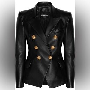 Balmain size 34 classic Black double breasted leather Blazer w/ Gold Buttons